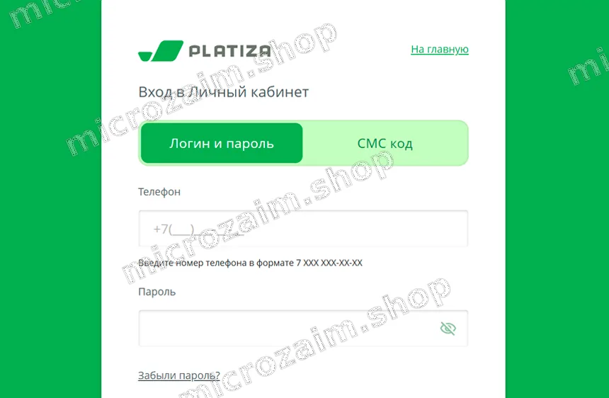 Форма входа в личный кабинет Платиза