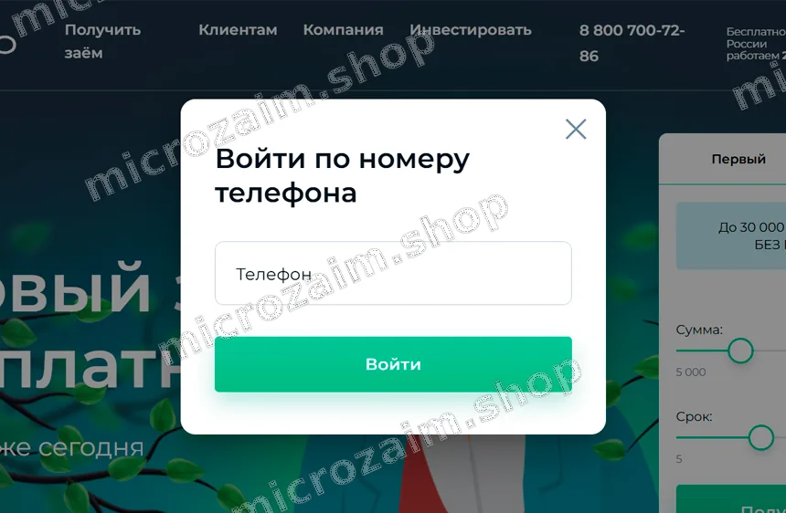 Форма входа в личный кабинет Займиго